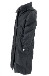 Womens Size XL Quilted Long Black Coat with Removable Hood Buttons & Zipper - RealThreads